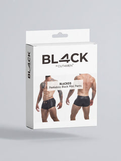 C4M Peekaboo Black Leatherette Mini Pants displayed on a model, accentuating the stylish hip-cut and sensual silhouette.