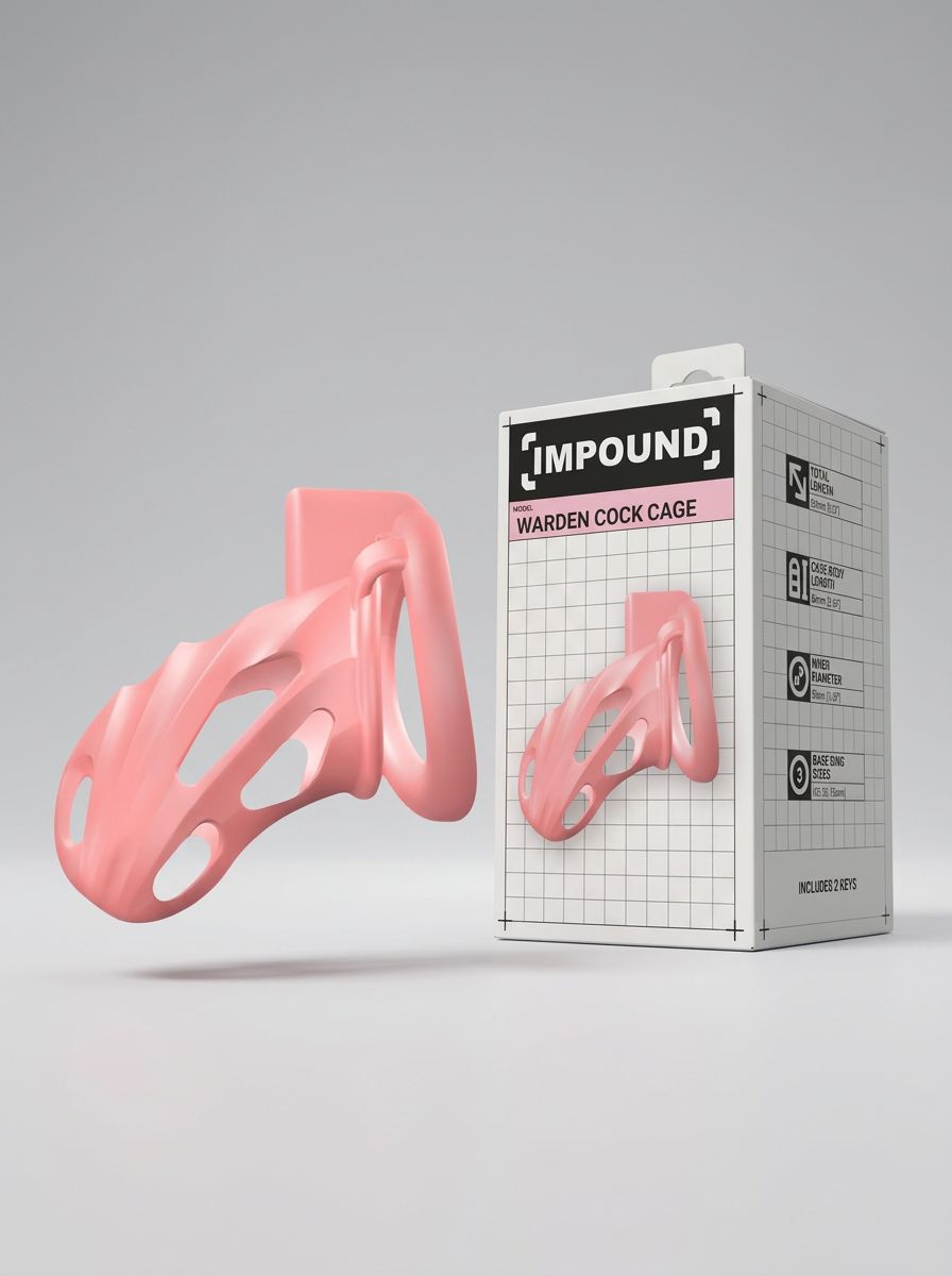Impound Warden Pink Plastic Chastity Cock Cage pink chastity cock cage displayed beside its luxury retail packaging.