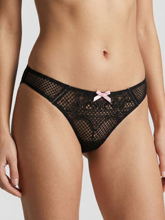 Elegant Baby Mesh Crotchless Panty featuring exquisite black lace appliqué design, showcasing the sensual allure of the baby mesh crotchless panty.