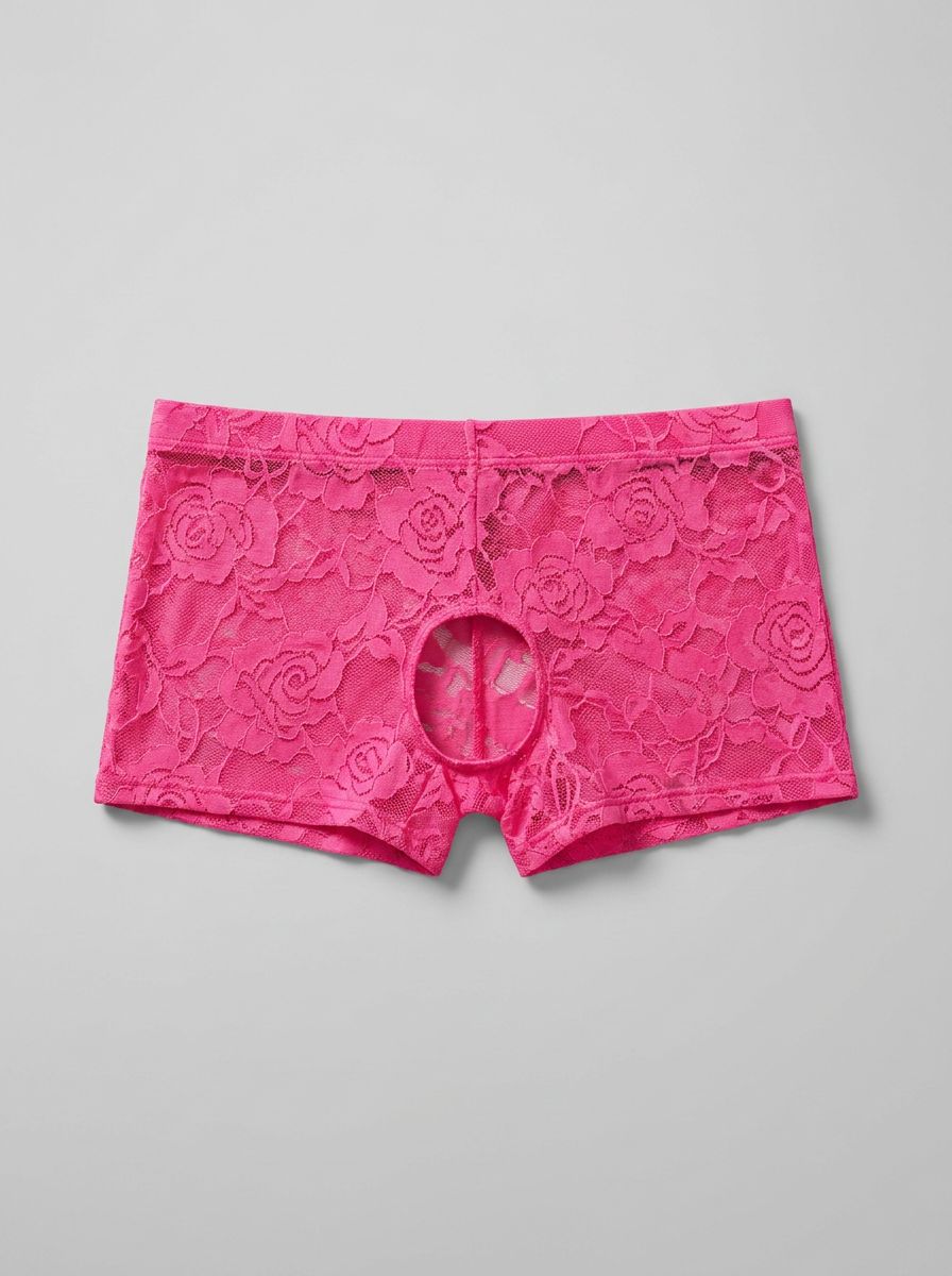 Men's neon lace crotchless and backless mini shorts by Malepower, showcasing vibrant, revealing lace design and fitted style.
