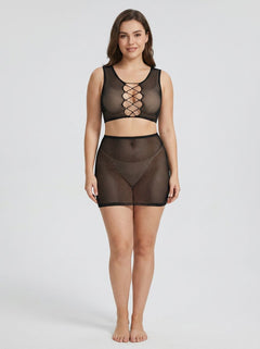 Rene Rofe Back Story Sheer Skirt & Top Set, elegant sheer two-piece ensemble showcasing a lace-up top and soft sheer skirt for luxurious bedroom styling.