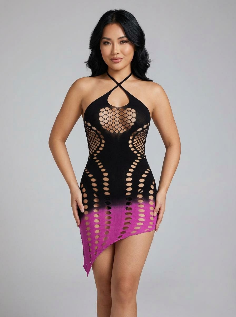 Luxurious Fantasy Lingerie Ready or Not Black/Pink Ombre Asymmetrical Keyhole Halter Dress showcased on a model, highlighting its body-hugging design and stylish cut, perfect for bold and seductive styling.