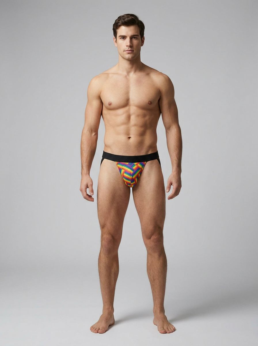 Male Power men's jock strap with rainbow pride flag print, featuring colorful, adjustable waistband and supportive design.