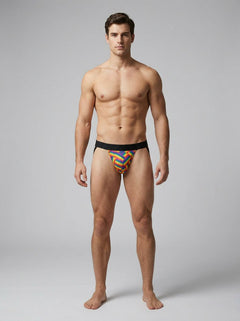 Male Power Printed Jock in stunning Rainbow Pride Flag Print, showcasing an eye-catching design, perfect for elegant underwear styles and ideal for making a bold statement as a rainbow jock.