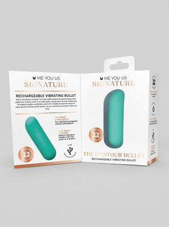 Me You Us Signature The Contour Silicone Bullet Vibrator, complete view of the compact curved bullet vibrator