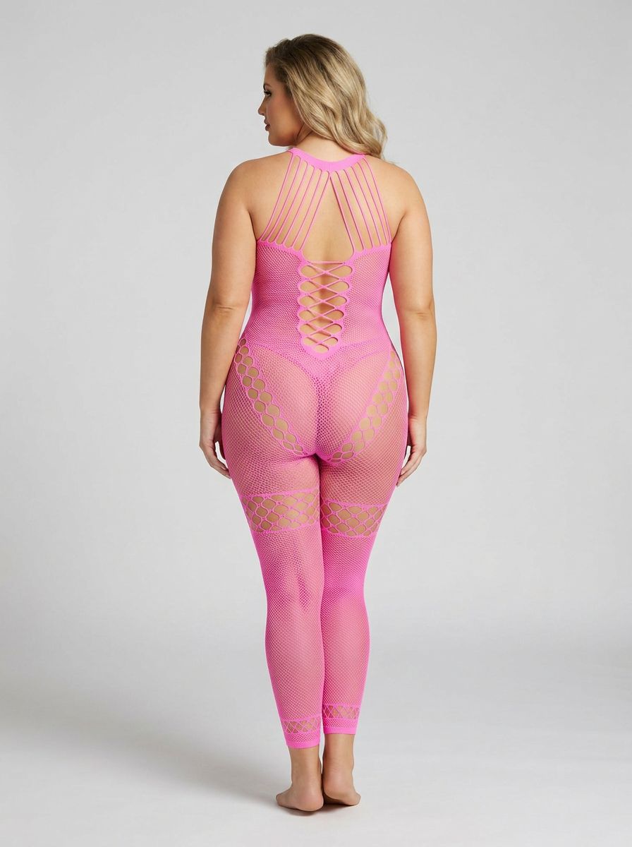 Pink Lipstick Take Me There pink bodystocking featuring sheer, stretchy fabric and a fitted design, shown on a model.