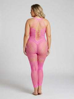 Pink bodysuit with lace-up back on a white background