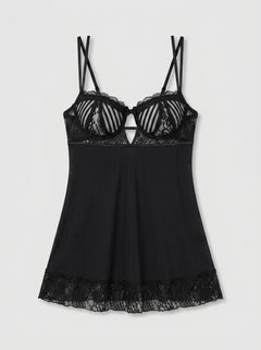 Elegant black multi strap babydoll showcasing lace and mesh design, with dual adjustable shoulder straps and hook and eye back closure, by Scandals.