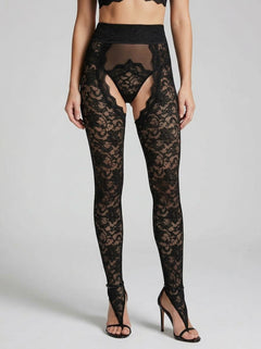 Back view of the Allure Adore Freya Wild Lace Chaps with Panty and Bra, emphasizing the unique lace chaps and scalloped eyelash lace detailing for a bold statement in intimate wear.