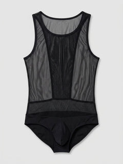 Black mesh sleeveless singlet for men by Male Power, showcasing a sheer, fitted outfit designed for men's fashion and costumes.