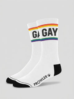 Men's cotton crew socks with rainbow stripes and gay slogan from Prowler RED, featuring colorful striped design and comfortable fit.