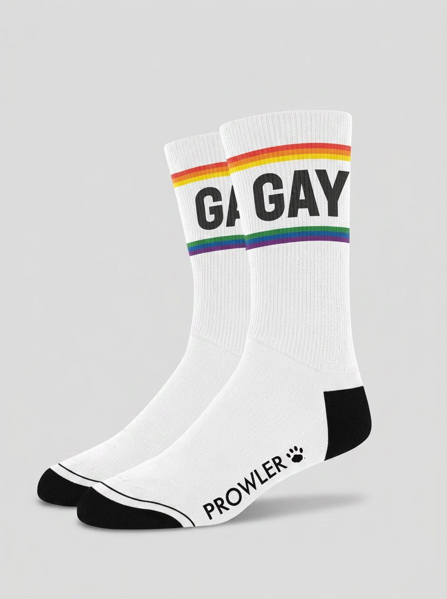 Men's cotton crew socks with rainbow stripes and gay slogan from Prowler RED, featuring colorful striped design and comfortable fit.