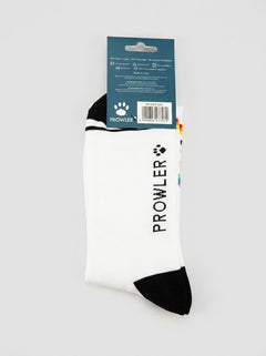 Prowler RED men's cotton crew socks with rainbow stripes and gay slogan design, comfortable and vibrant for everyday wear