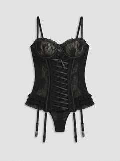 Seven Til Midnight paisley lace garter bustier with intricate lace details and adjustable straps, designed for a flattering fit.