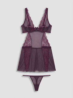 Chic Rene Rofe Sneak Peak Purple Lace Chemise Set in a vibrant purple hue, offering a flattering fit and indulgent comfort for special occasions.