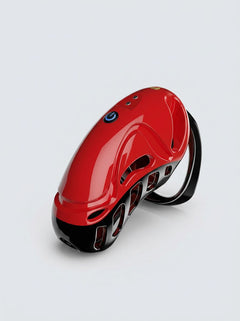 Vibrating Remote Control Plastic Chastity Cock Cage in a sleek red and black finish, side product view