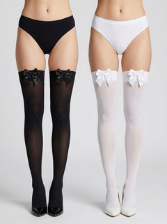 Lace by LJ Thigh High Stockings with Bow elegantly displayed, showcasing the charming bow detail that enhances these seductive stockings with bow.