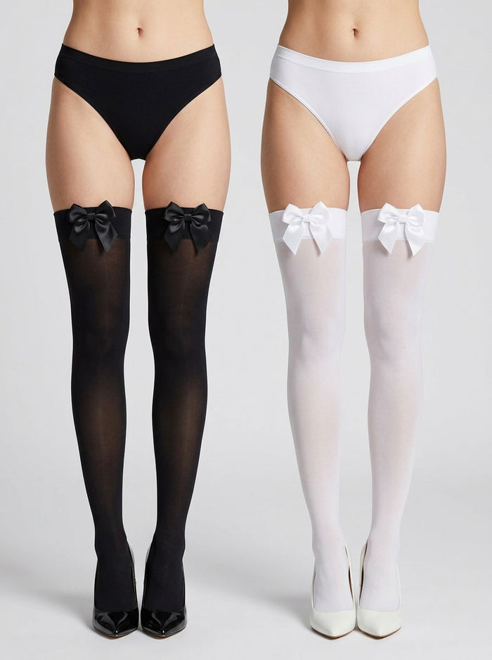 Lace by LJ Thigh High Stockings with Bow elegantly displayed, showcasing the charming bow detail that enhances these seductive stockings with bow.