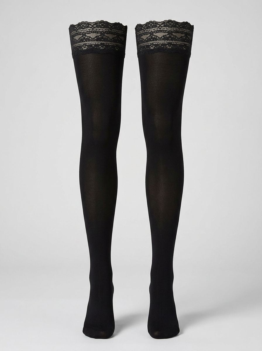 Black 80 denier opaque lace-top hold-up stockings for women by Lord, featuring a sexy and elegant design.
