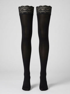 Close-up of Ladies 80 Denier Opaque Black Lace-Top Sexy Hold Ups, highlighting rich black colour and superior comfort, perfect for any occasion.