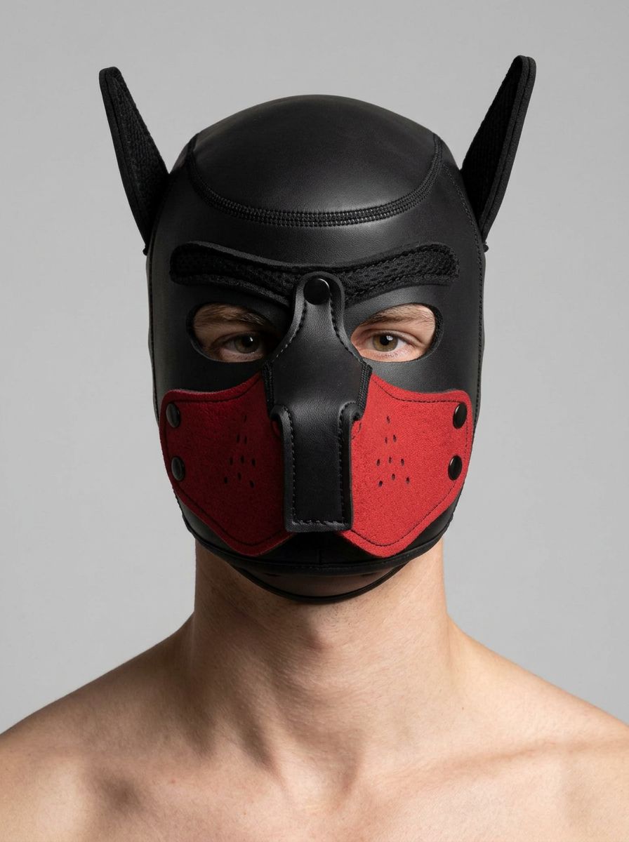 Prowler RED Puppy Muzzle – Neoprene pet play accessory showcasing a luxurious and comfortable design for pets, ideal for puppy play and roleplay.