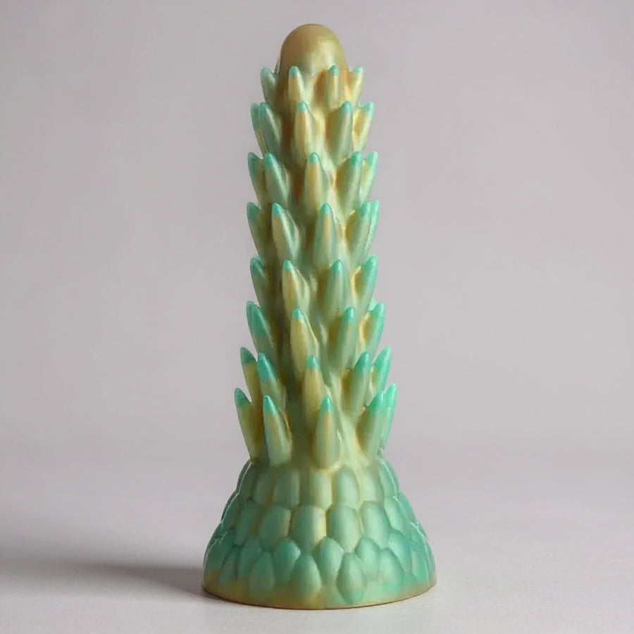 Luxury teal and gold Creature Cocks Stegosaurus Spiky Reptile Silicone Dildo, designed for unique stimulation.