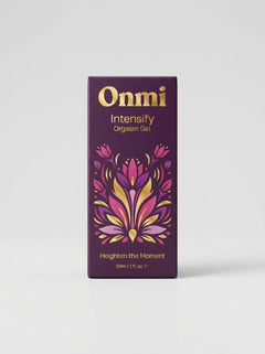 Onmi Intensify Orgasm Liquid Vibrator Gel 30ml presentation box, premium orgasm gel packaging in rich purple