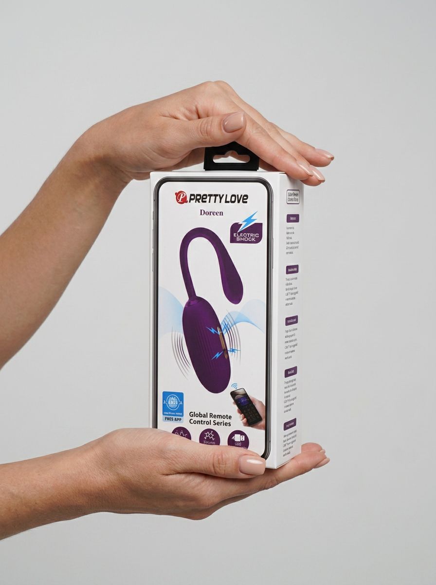The Pretty Love Doreen Egg Vibrator with Electro Shock features a flexible cord, emphasizing its versatility for both solo and couple's play in a luxurious setting.