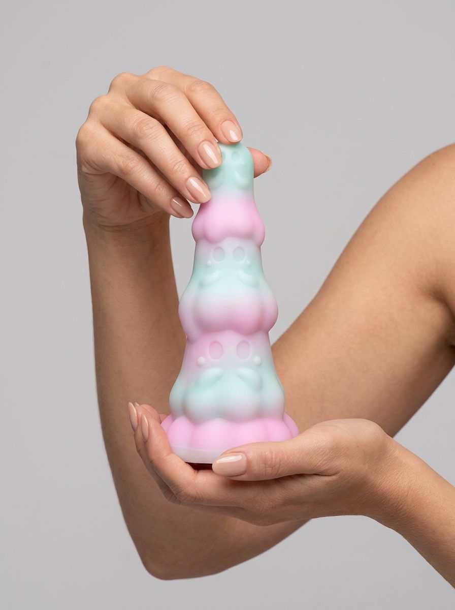 F**kLore Ghost Silicone Tiered Textured Fantasy Dildo, pastel pink and mint green fantasy dildo held in both hands