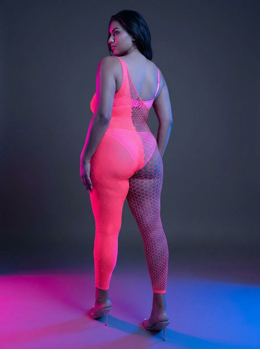 UV reactive rhinestone bodystocking from Fantasy Lingerie, glowing hyperdrive design with intricate rhinestone details.