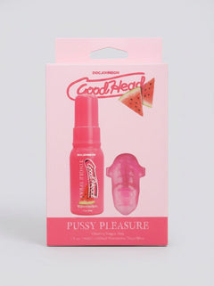 All components of the GoodHead Pussy Pleasure Tongue Ring & Tingle Spray Party Kit arranged elegantly, perfect for couples seeking intimate excitement.