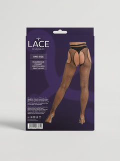Lace by LJ Rhinestone Fishnet Crotchless Pantyhose Black statement rhinestone fishnet crotchless pantyhose for lingerie styling