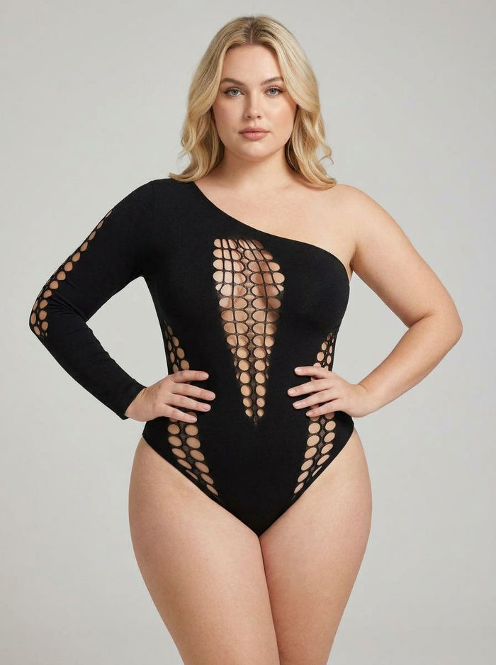 Luxury Pink Lipstick Queen Size Black Mesh Cut Out One Sleeve Bodysuit showcasing the exquisite asymmetric design and seductive sheer panels, perfect for confident intimate wear.