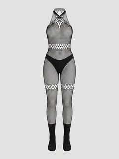 Lace by LJ Crossover Neck Crotchless Fishnet Bodystocking showcasing its elegant design and high-quality material.