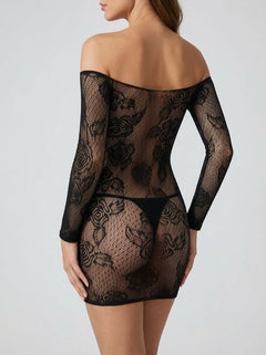Elegant back view of the Rene Rofe Tie Breaker Black Long Sleeve Floral Lace Dress showcasing sheer floral lace accents and a daring open crossing design.