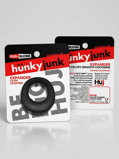 HunkyJunk Expander Silicone Cock & Ball Ring in Black Fog, premium product packaging displayed with the silicone cock ring