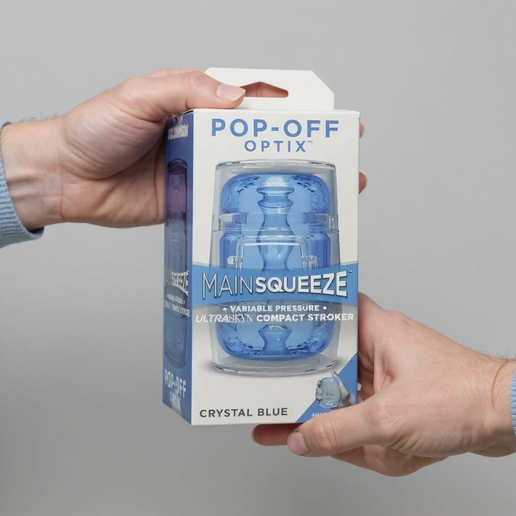 Main Squeeze Pop Off Optix Blue Transparent Masturbator, a luxurious and visually-stimulating men's masturbator featuring a transparent design and textured ULTRASKYN insert.
