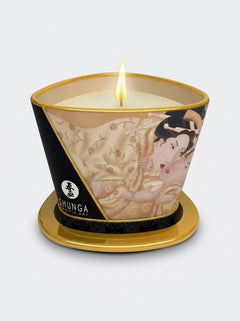 Shunga Sensual Soy Wax Erotic Massage Oil Candle 170ml beige massage candle burning on a gold base