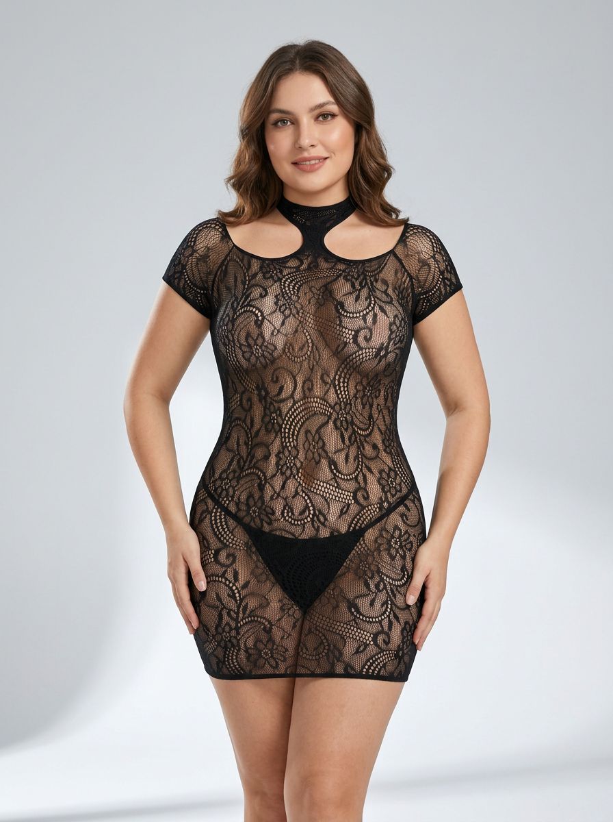 Rene Rofe Black Cold Shoulder Lace Bodystocking Dress showcasing its elegant design and luxurious lace detail, perfect as a seductive bodystocking dress for romantic evenings.