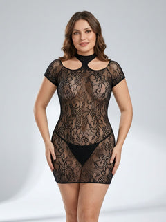 Rene Rofe Black Cold Shoulder Lace Bodystocking Dress showcasing its elegant design and luxurious lace detail, perfect as a seductive bodystocking dress for romantic evenings.