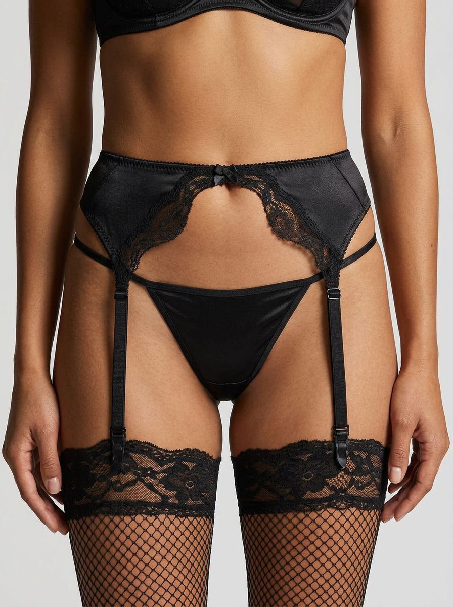 Black Lace Trim Suspender Belt with Metal Clips & Satin Bow Detail – elegant black lace suspender belt with satin bow detail