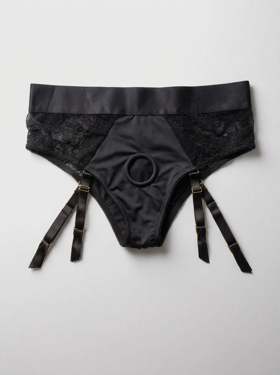 Elegant Laced Seductress 3-in-1 Crotchless Panty Strap-On Harness showcasing luxurious lace detail, designed for ultimate comfort and pleasure, the perfect addition to your collection of intimate wear.