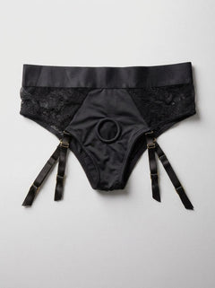 Elegant Laced Seductress 3-in-1 Crotchless Panty Strap-On Harness showcasing luxurious lace detail, designed for ultimate comfort and pleasure, the perfect addition to your collection of intimate wear.
