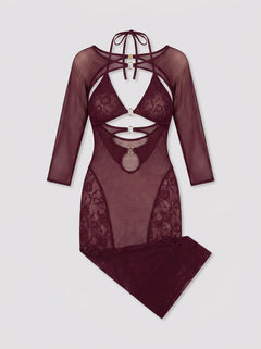 Stylish Dreamgirl Cherry Bodystocking Seamless Gown & Shrug Set in rich cherry lacquer, perfect for boudoir or clubwear occasions as a gown shrug set.