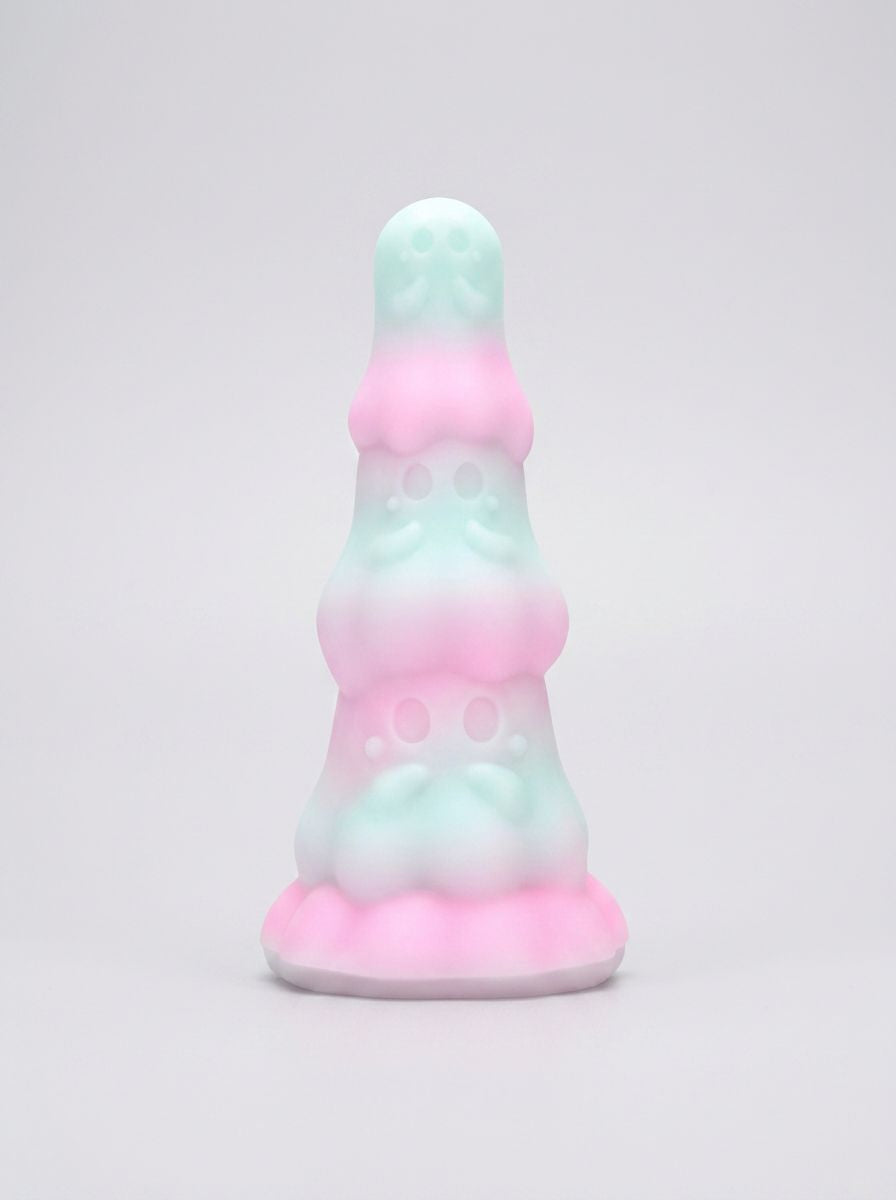 F**kLore Ghost Silicone Tiered Textured Fantasy Dildo standing upright, showing its stacked ghost design and suction cup base