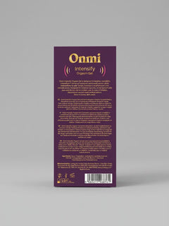 Back of Onmi Intensify Orgasm Liquid Vibrator Gel 30ml box showing product information and ingredients for this luxury orgasm gel