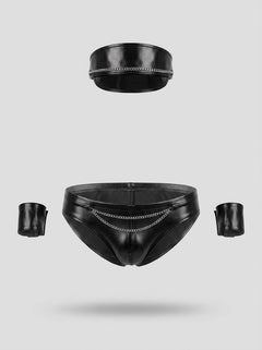 Men's biker 3-piece costume set by Scandals featuring leather jacket, pants, and vest for a edgy, stylish look.