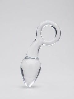 Clarity Utopian Delight 3.5 Inch Glass Butt Plug displayed upright, showcasing the clear glass body, tapered tip and circular handle