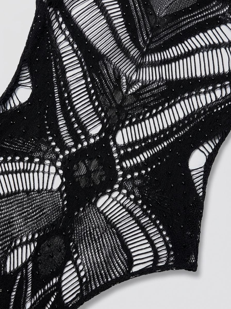 Baci Diamonte Sheer Shimmer Cut-Out Lingerie Bodysuit Black lifestyle view showcasing its luxurious body-hugging fit