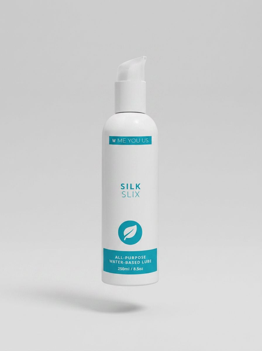 Close-up of Me You Us Silk Slix Water Based Lubricant Pump Bottle White 250ml showcasing the premium quality and the sophisticated label.
